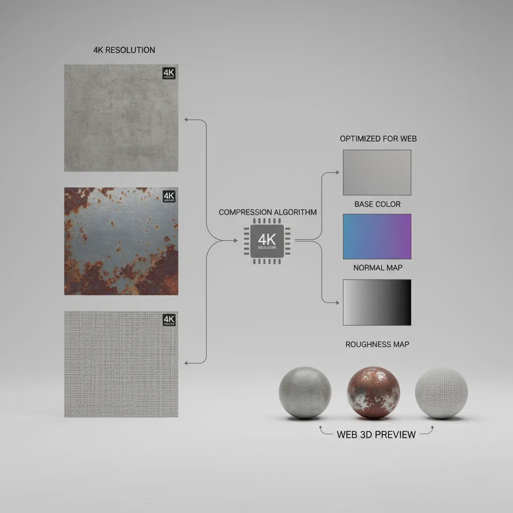 Workflow showing texture compression and reduced texture sizes for web 3D