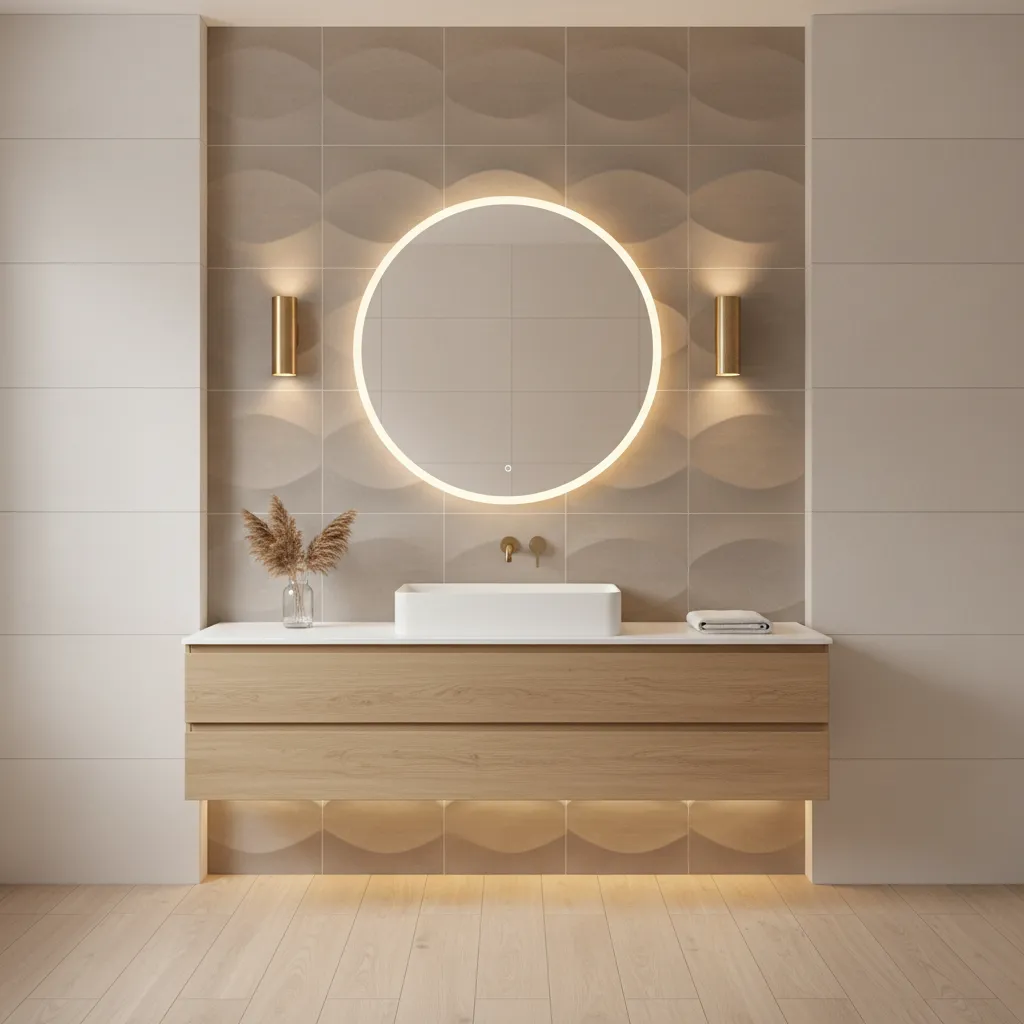 bathroom with textured accent wall behind vanity