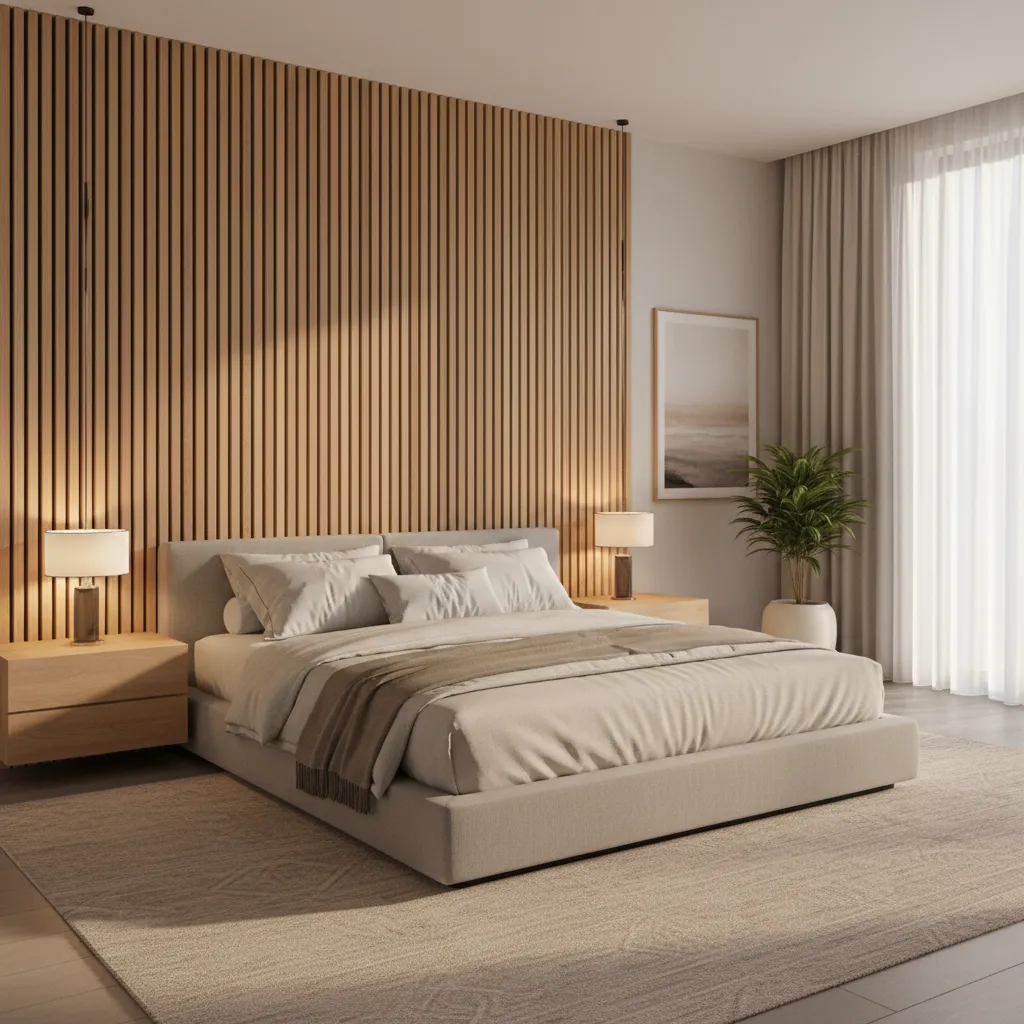 modern master bedroom with wood slat accent wall behind bed