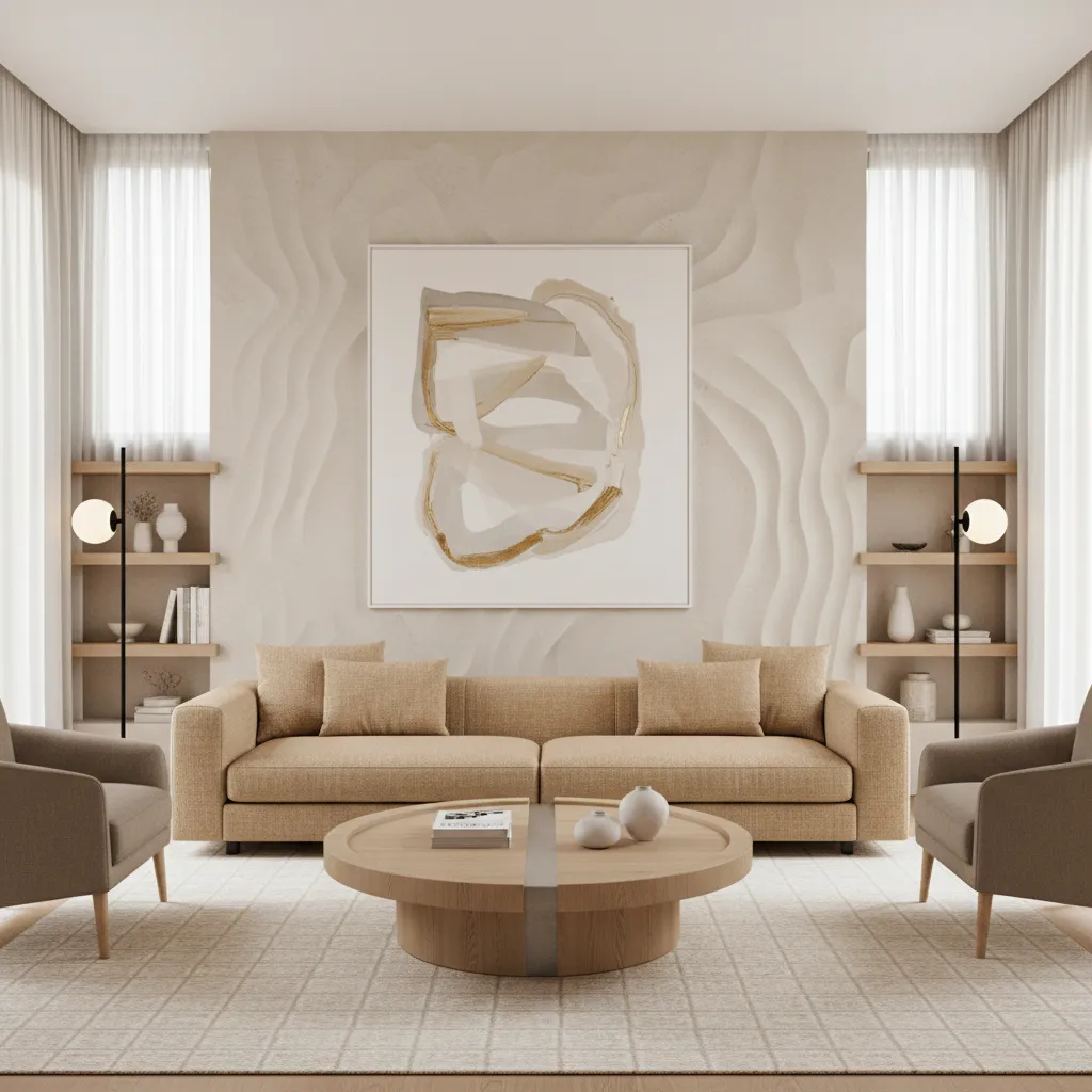 Modern living room with subtle textured accent wall behind sofa