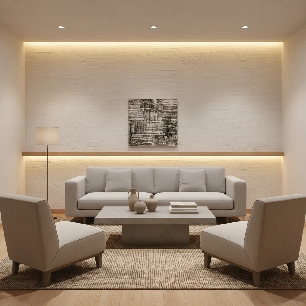 small living room with textured accent wall behind sofa
