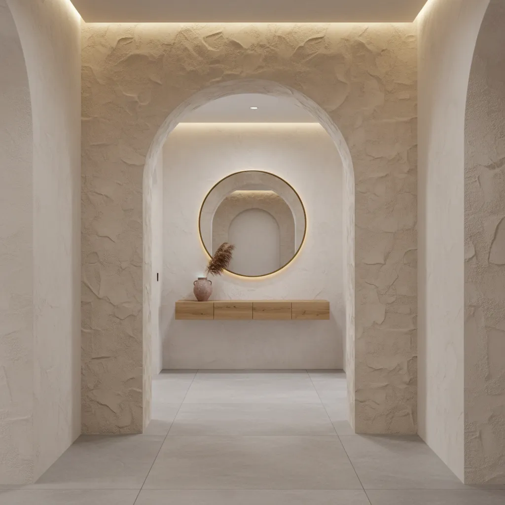 modern hallway arch with textured plaster wall finish