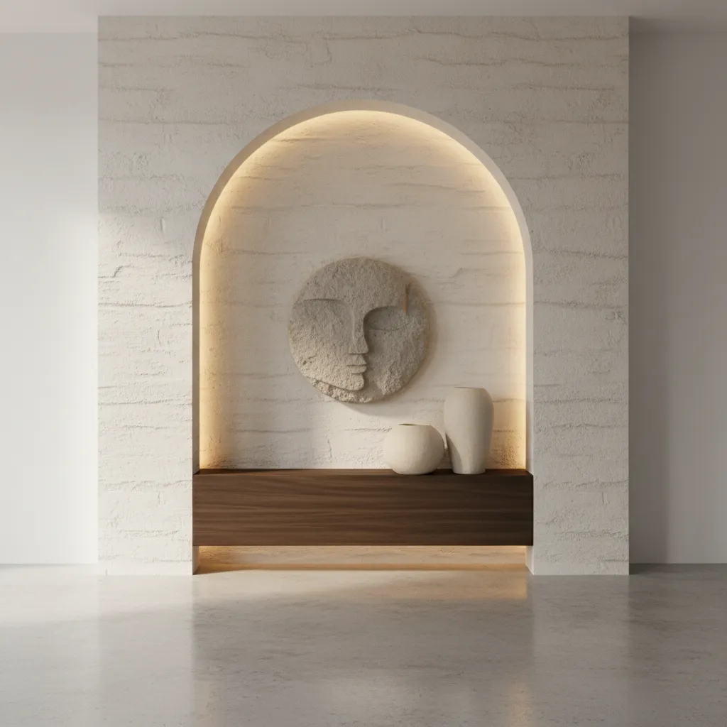 Half arch niche decor highlighting texture with stone sculpture and ceramic pottery