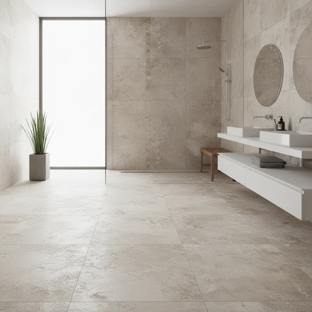 bathroom floor with textured rough tiles and walk in shower