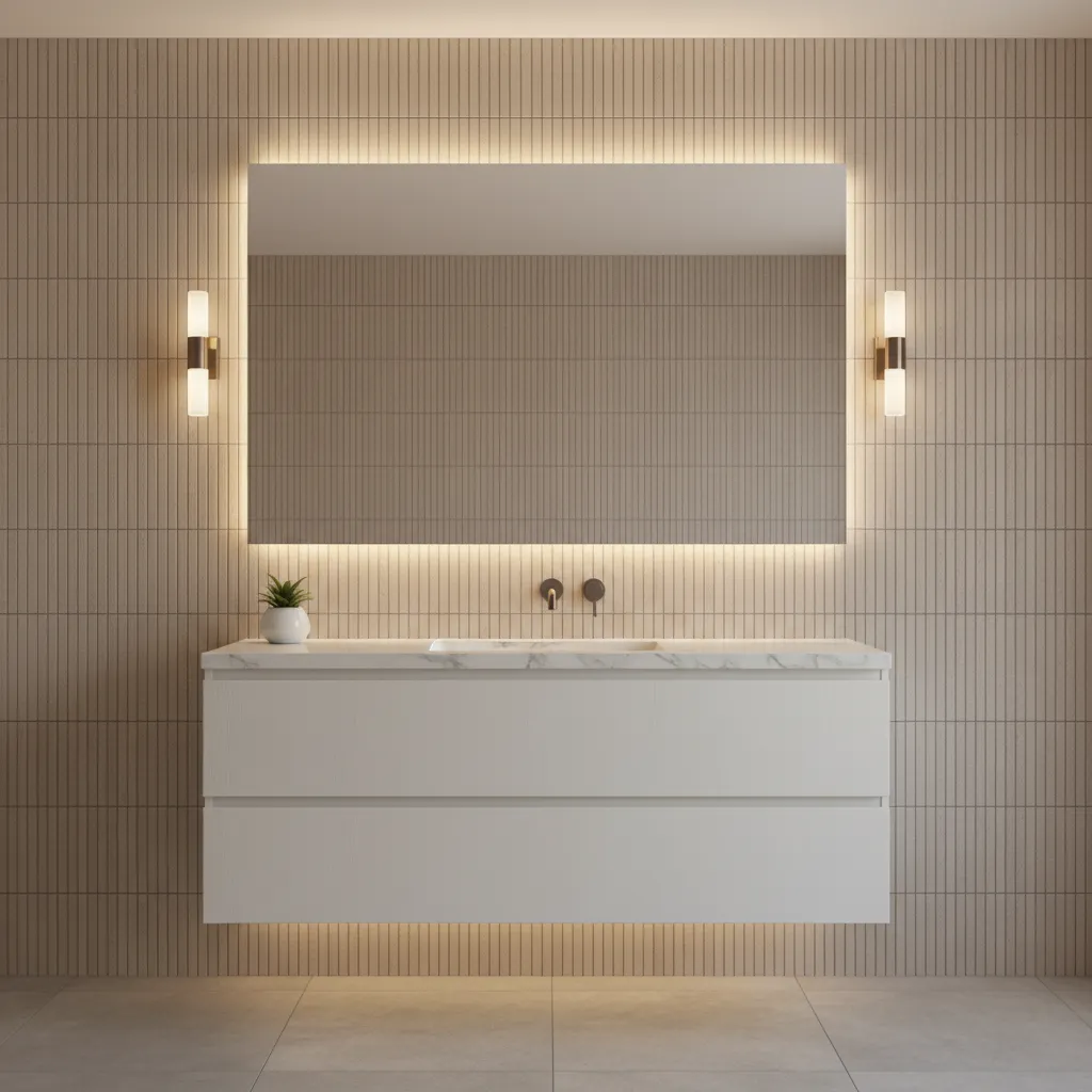 Textured wall tiles behind white bathroom vanity creating depth