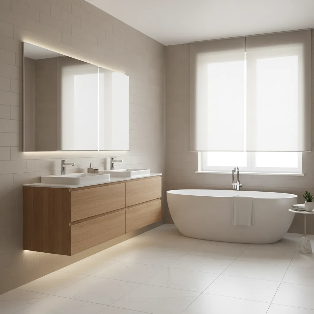 Bathroom with subtle textured ceramic wall tiles and modern vanity