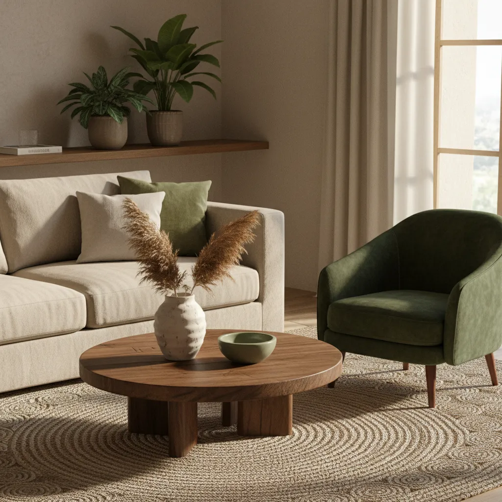 Layered textures in beige and green living room with linen sofa, wood table, and woven rug