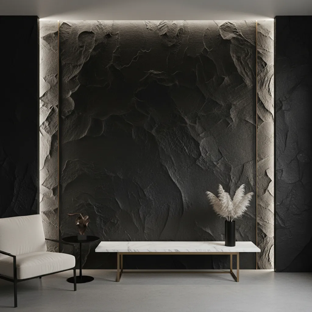 Textured black wallpaper with soft lighting in a modern interior