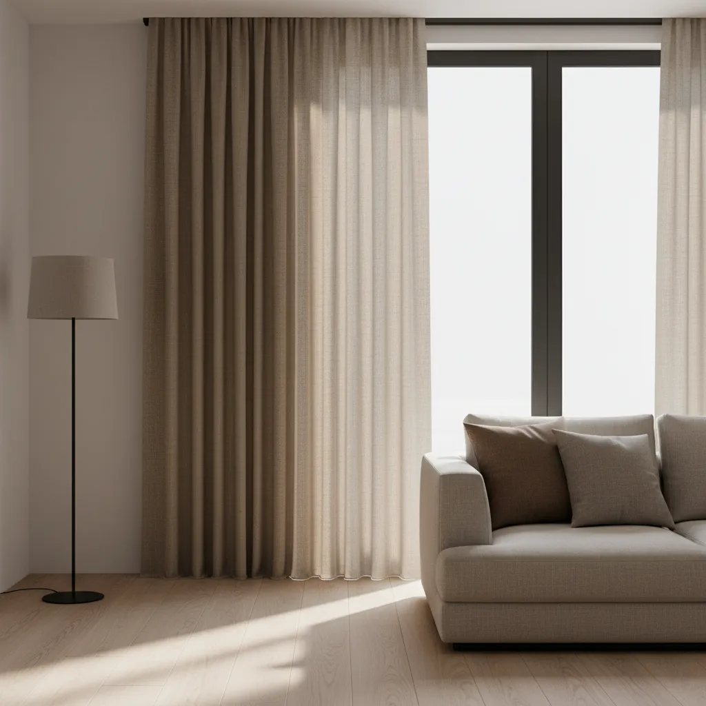 Textured brown linen curtains in contemporary living room interior