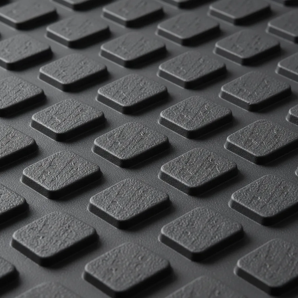 Close up detail of a black rubber mat showing a square pattern and textured surface