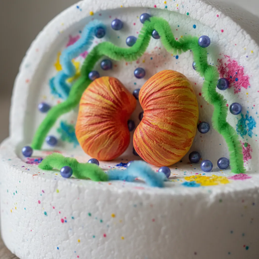 Close up of textured organelles made with beads and pipe cleaners in a styrofoam cell model
