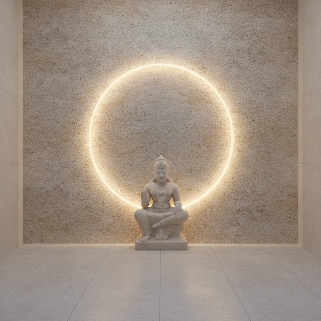 textured cement wall backdrop behind pooja idols with soft halo lighting