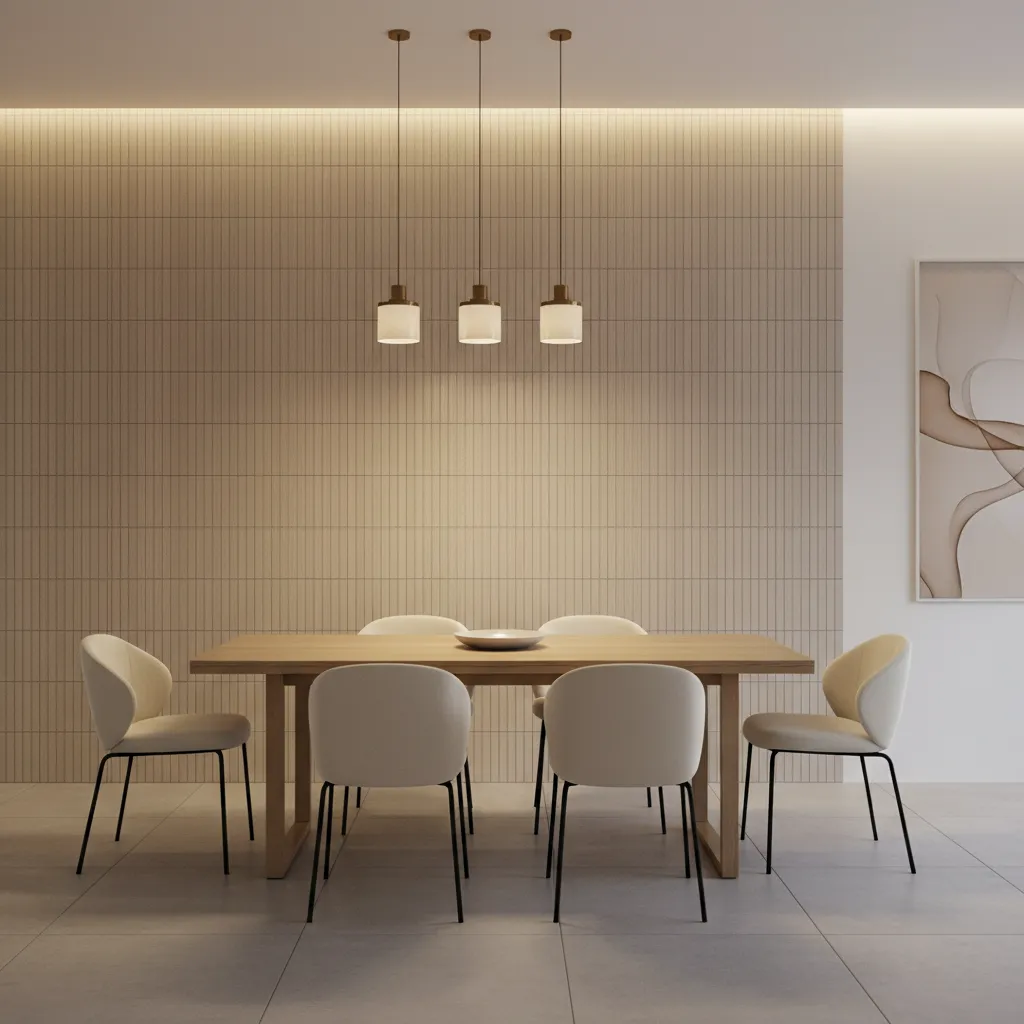 Dining room wall with vertical textured ceramic tiles