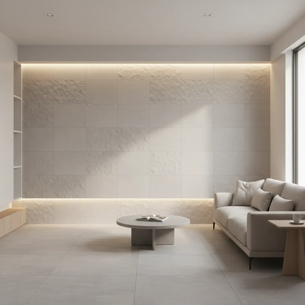 Textured ceramic wall tiles with soft lighting in contemporary living room