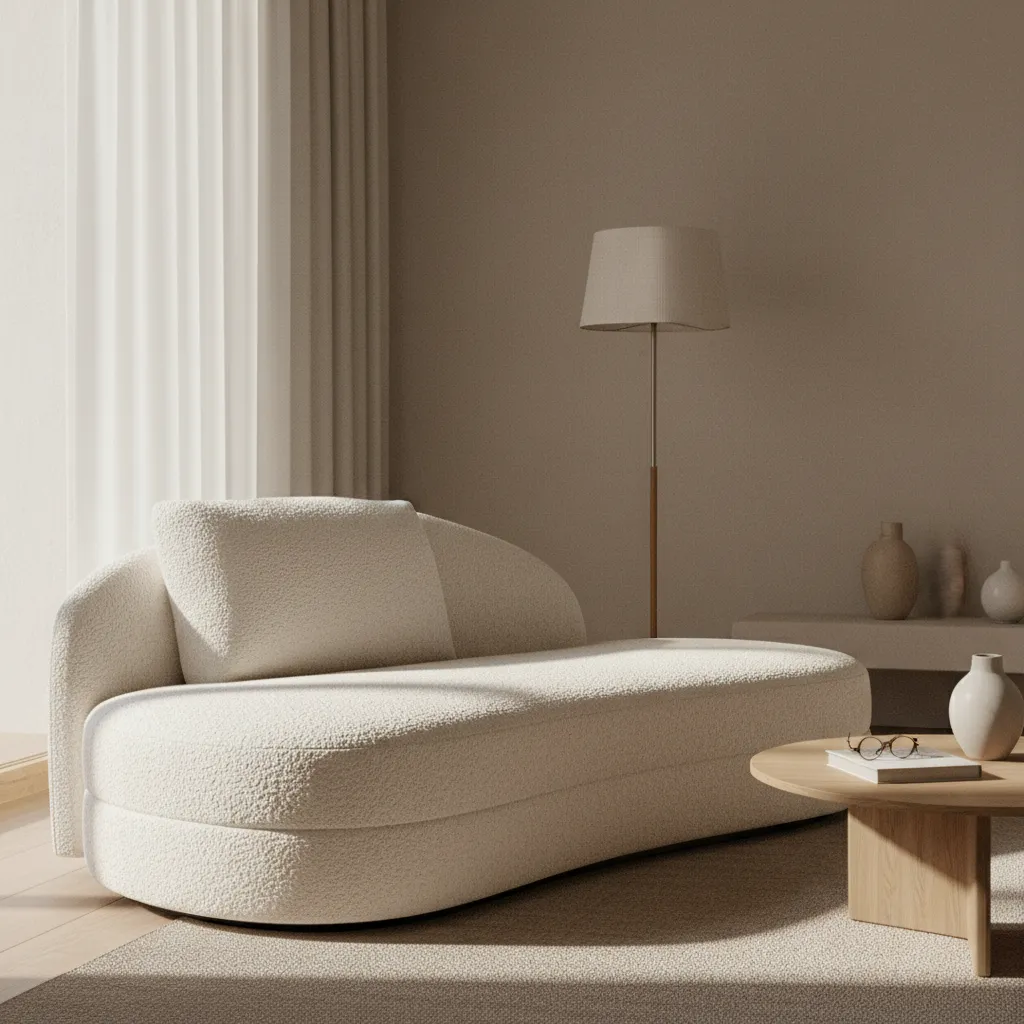 Modern chaise sofa with textured upholstery in warm neutral color palette