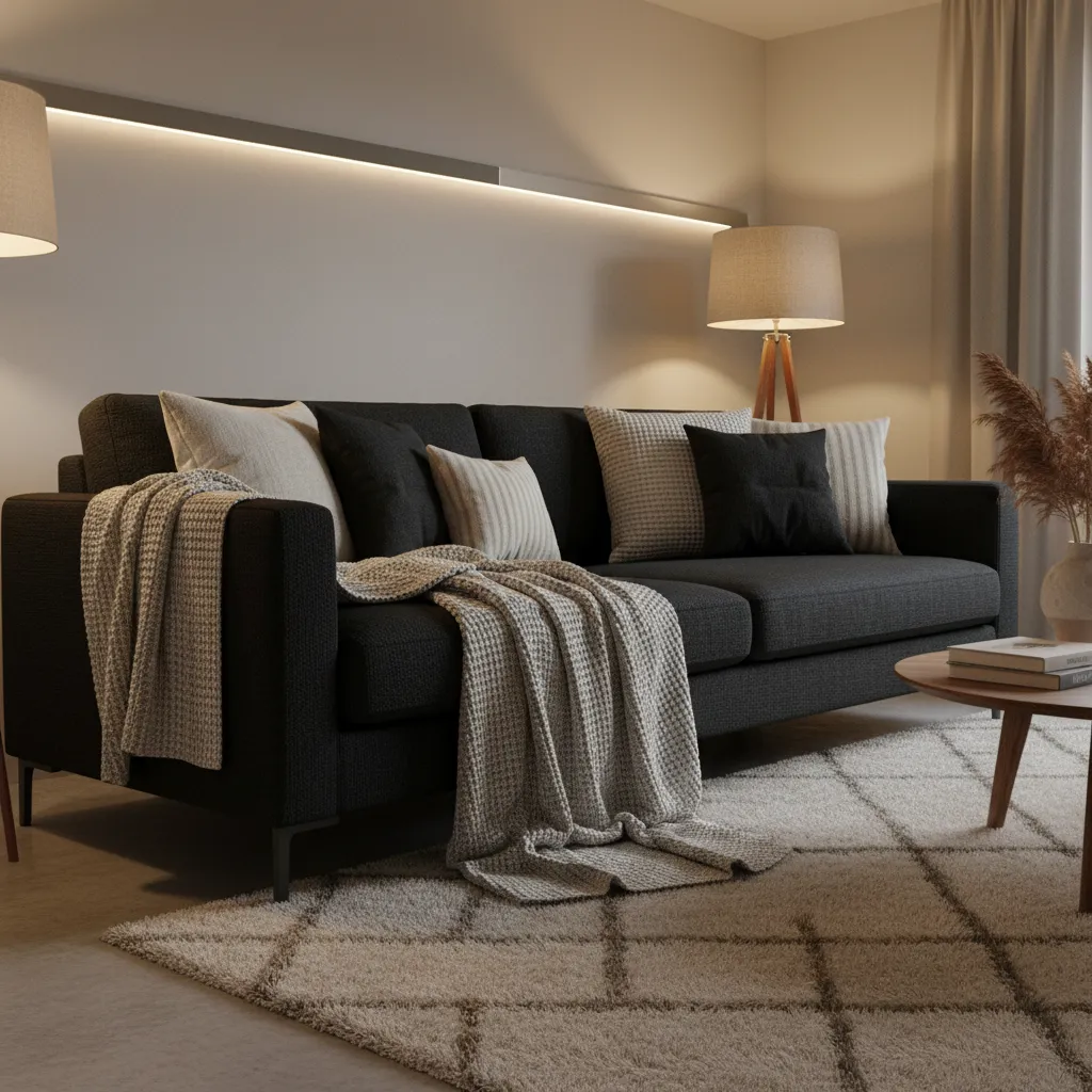 close view of black sofa styled with textured pillows and knit throw