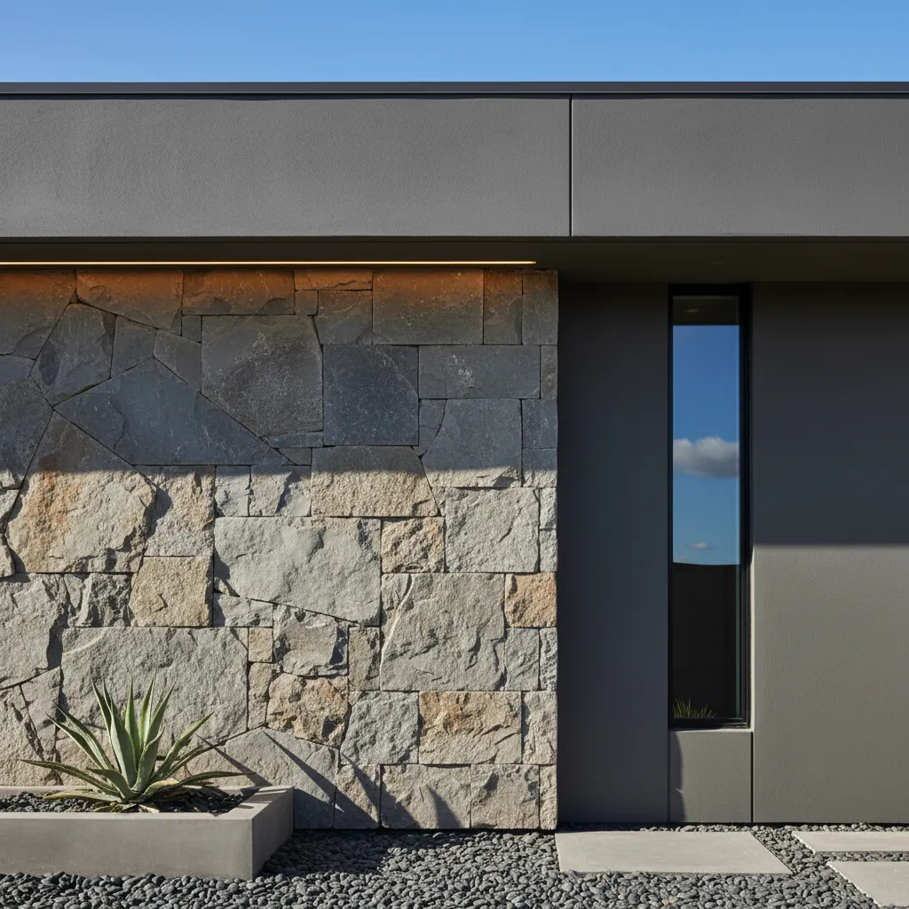 Modern exterior house wall featuring natural stone texture combined with smooth dark grey panels window