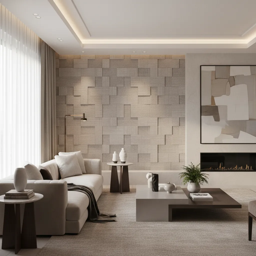 luxury living room with textured fabric 3D wallpaper wall