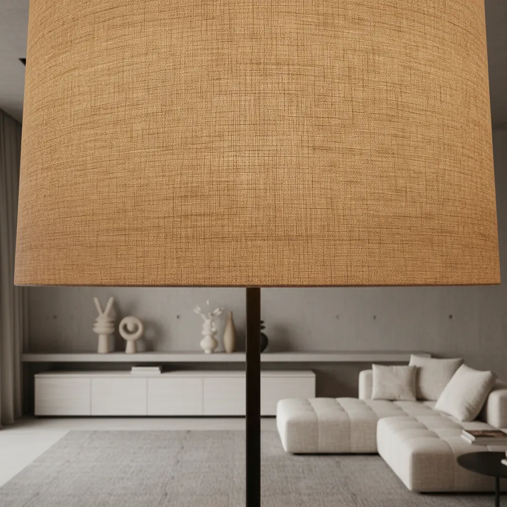 Close up of textured brown fabric lamp shade with living room furniture in the background