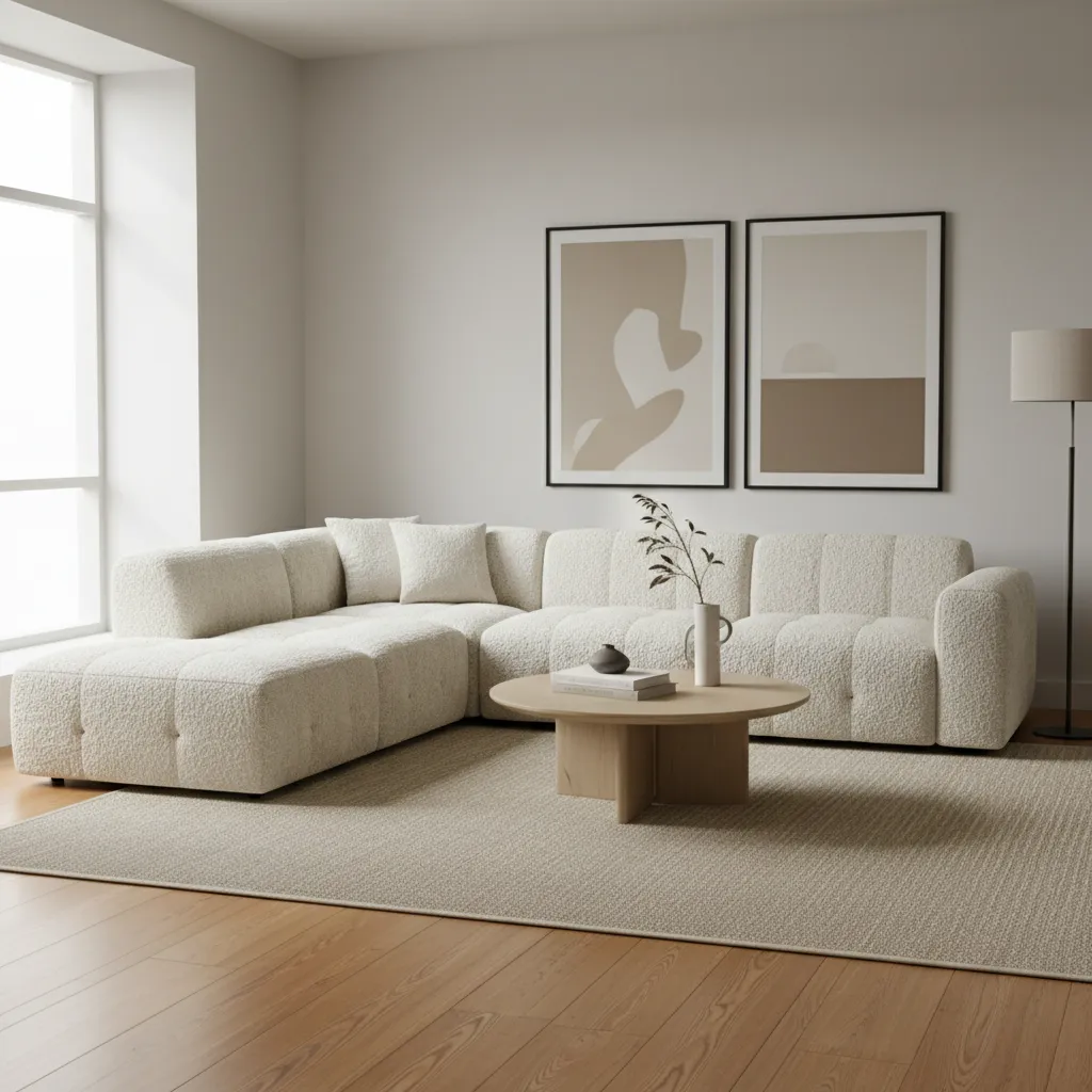 Modern L shape sofa with textured fabric upholstery in a contemporary living room