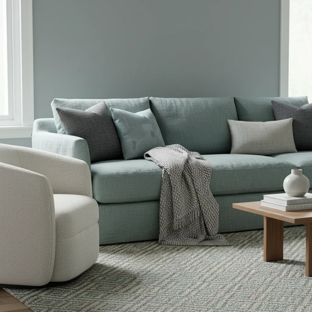 layered textures with linen sofa wool pillows and knit blanket in aqua gray living room