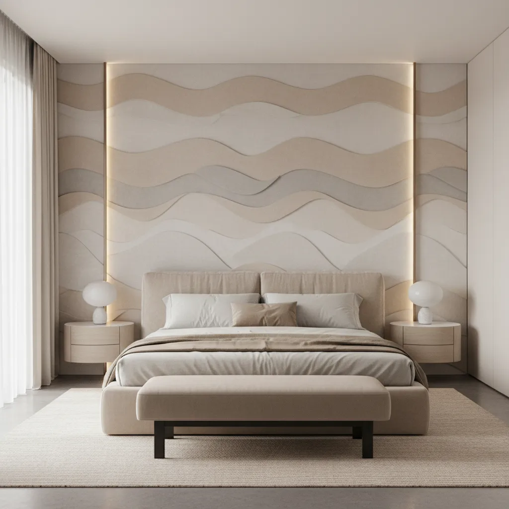 Bedroom with textured 3D feature wall behind the bed