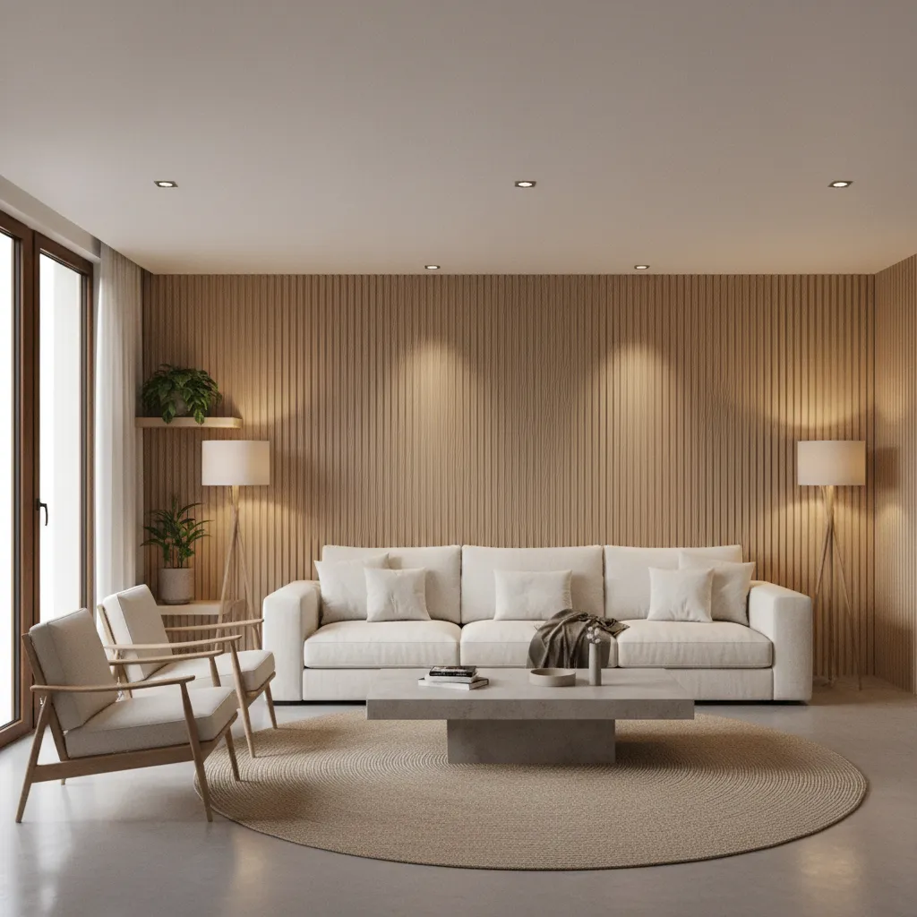Modern living room with vertical wood slat textured wall behind sofa
