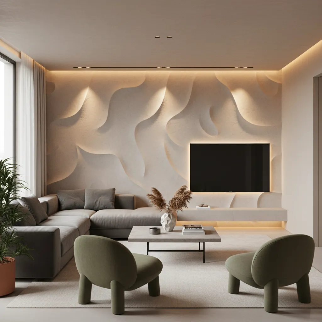 living room textured wall illuminated by wall lighting