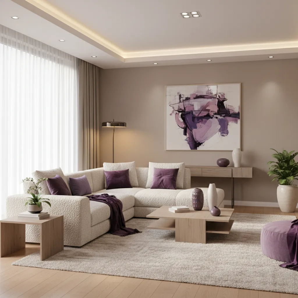 Purple living room softened with textured neutral furniture and soft lighting