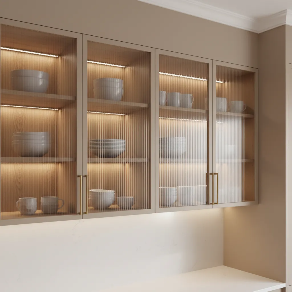 Kitchen cabinets with ribbed textured glass doors