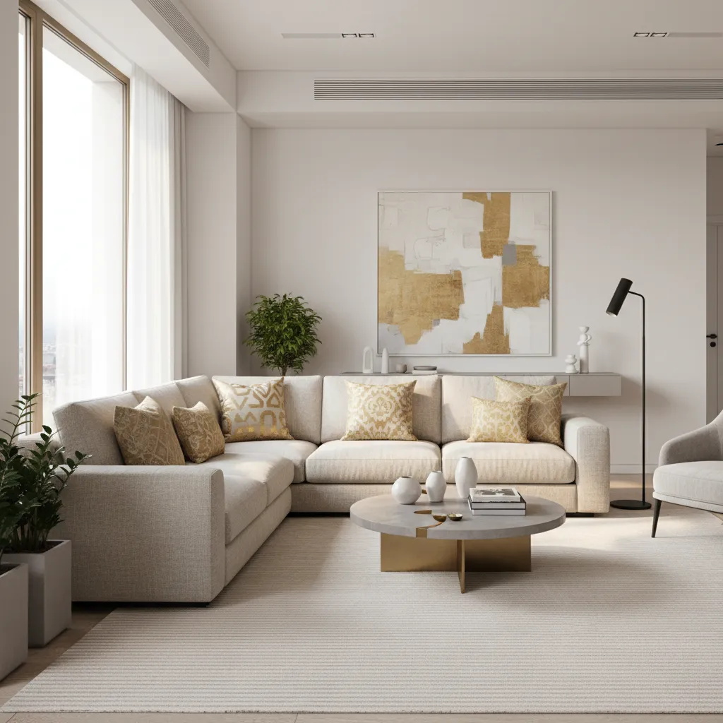 Modern sofa with textured gold accent pillows and neutral decor