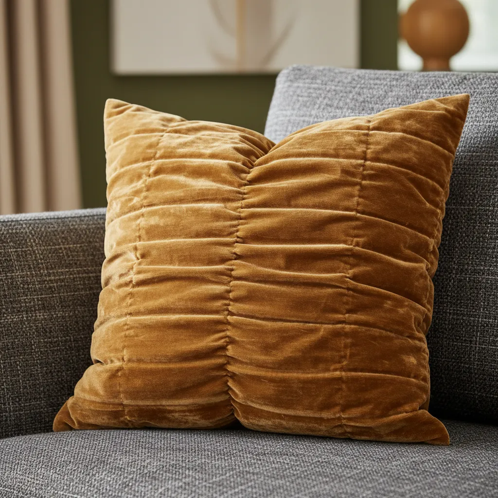 Close-up of textured gold velvet decorative pillow on modern sofa