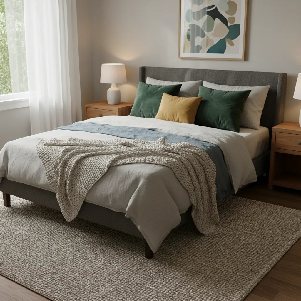 Grey bed frame bedroom styled with linen bedding knit throw and woven rug
