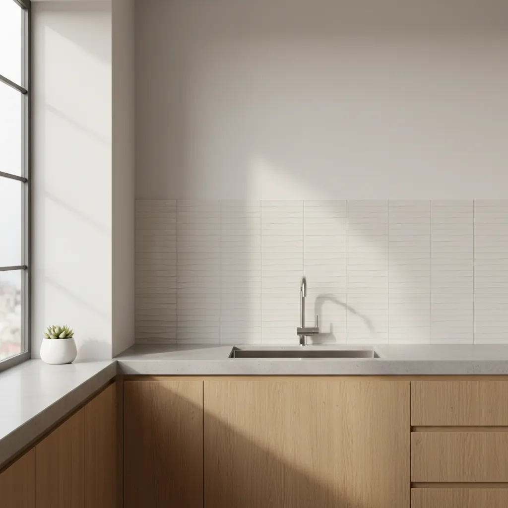 kitchen sink backsplash with subtle textured ceramic tiles