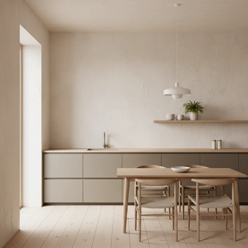 minimalist kitchen with textured plaster wall finish