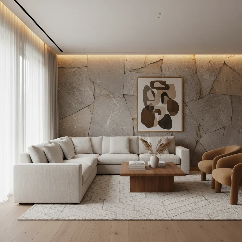 large living room featuring layered textures wood fabric and stone accents