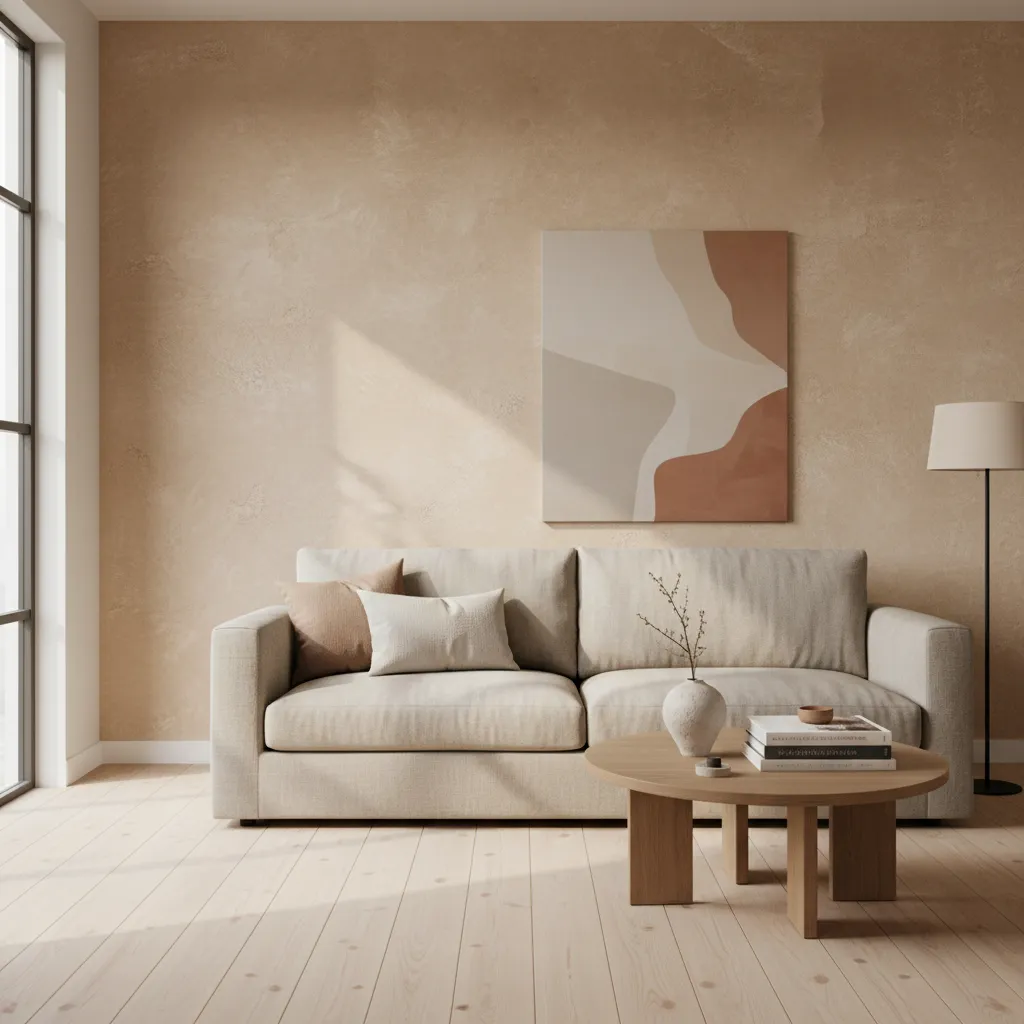 Living room wall with soft limewash textured paint finish