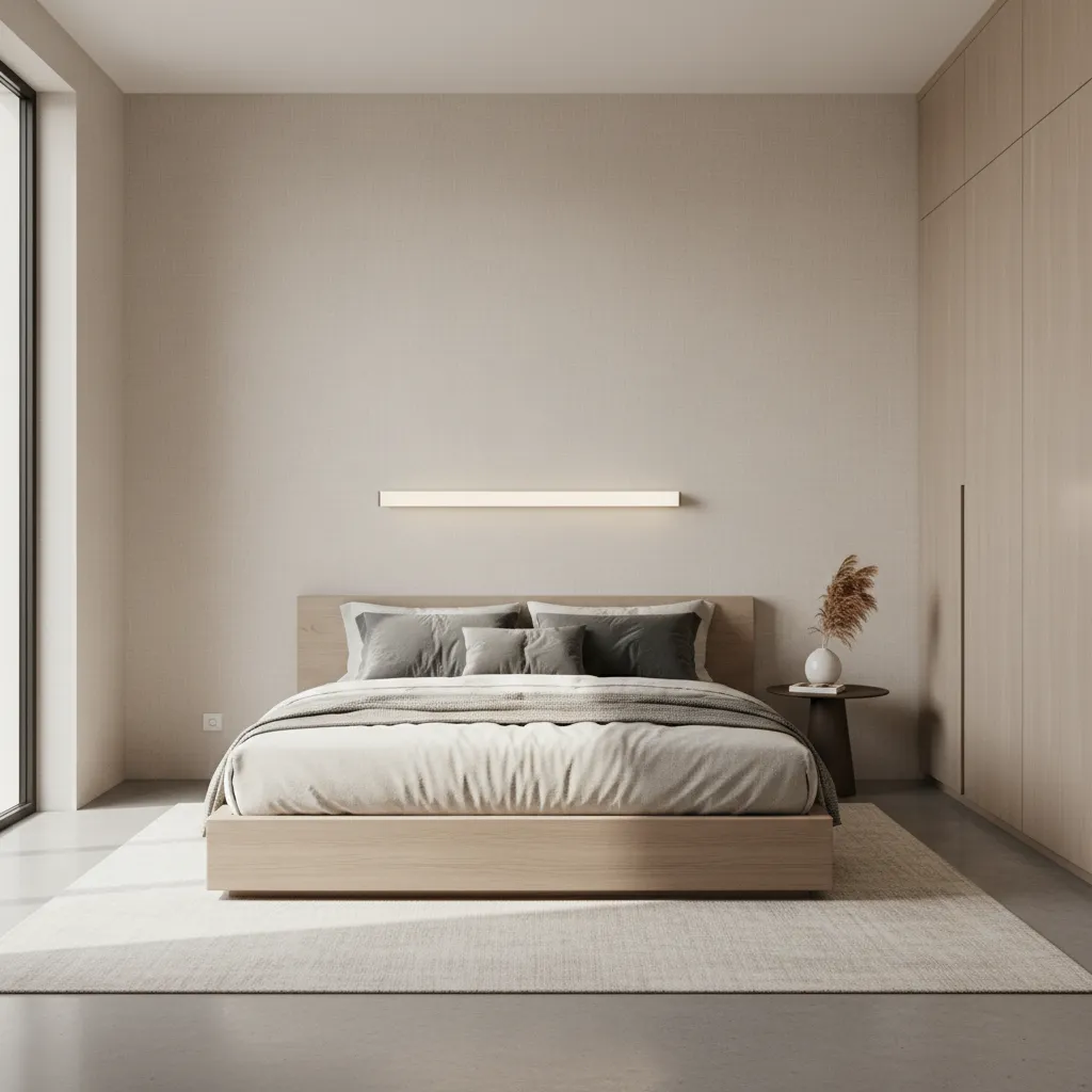 Minimalist bedroom wall with subtle linen textured wallpaper