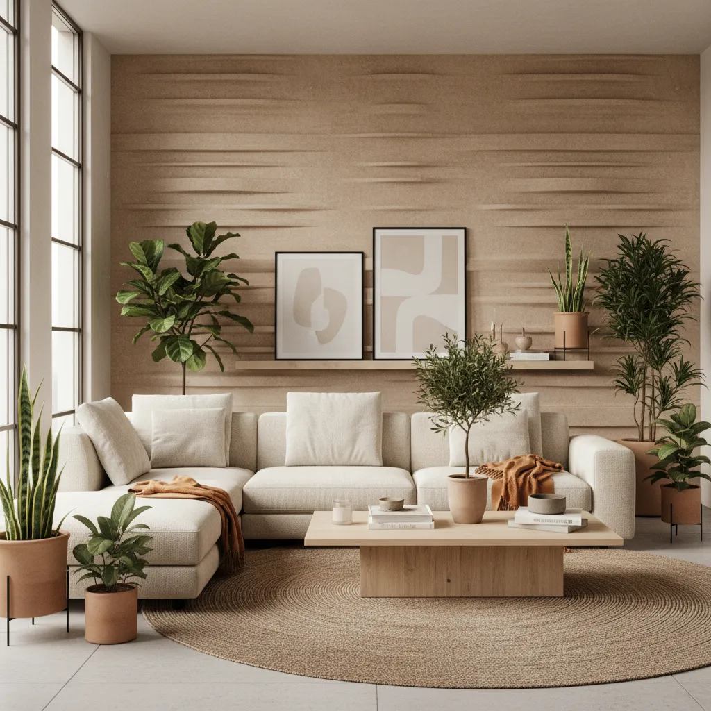 living room with textured accent wall behind sofa