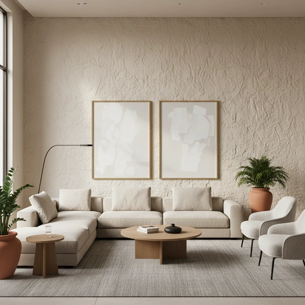 Living room with textured plaster feature wall behind sofa
