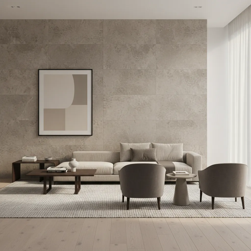 living room with textured stone wall tile feature