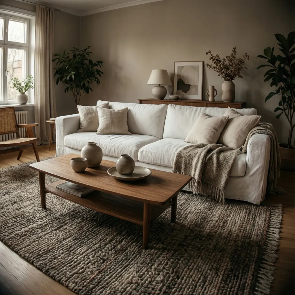 White sofa living room with layered textures wool rug wood table linen pillows