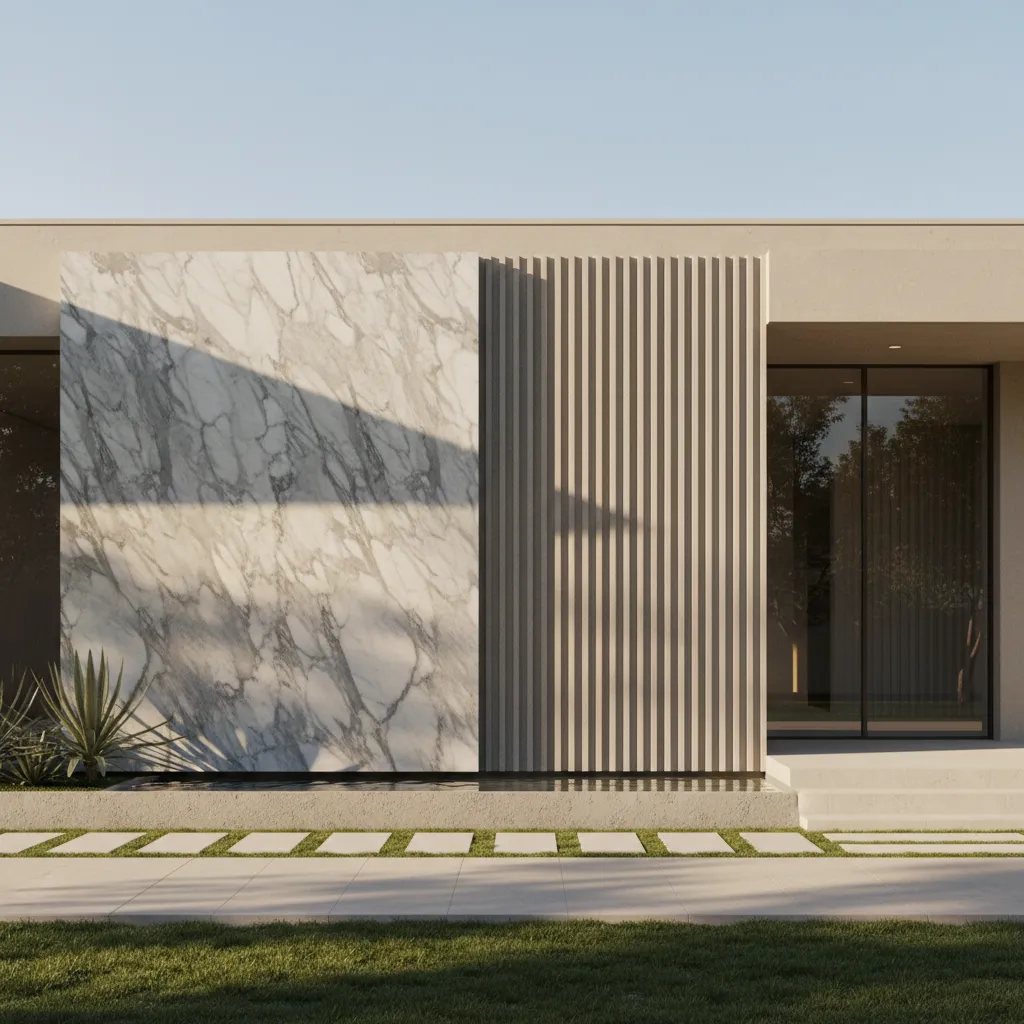 modern house facade with textured marble feature wall