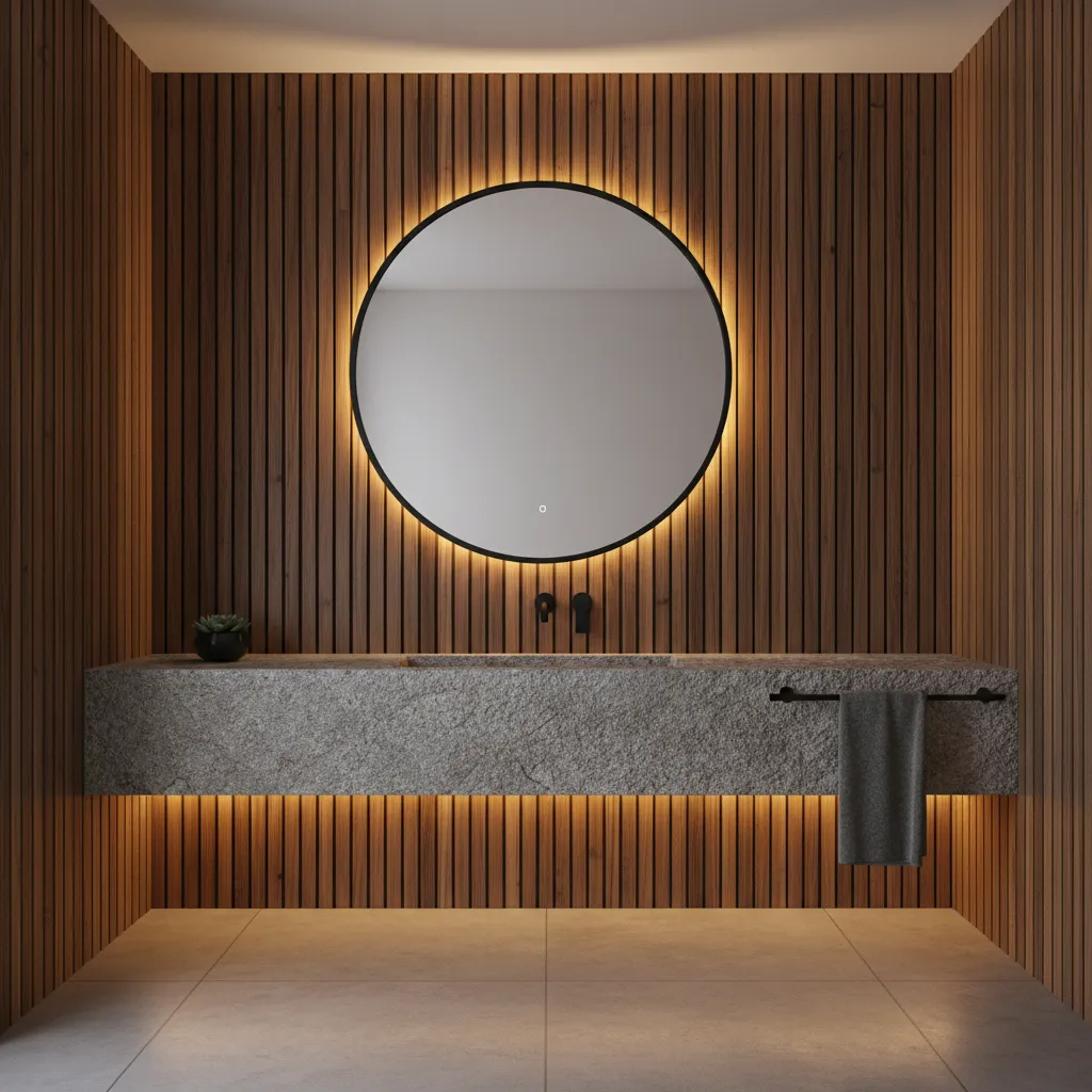 Modern bathroom with wood slat wall and industrial mirror