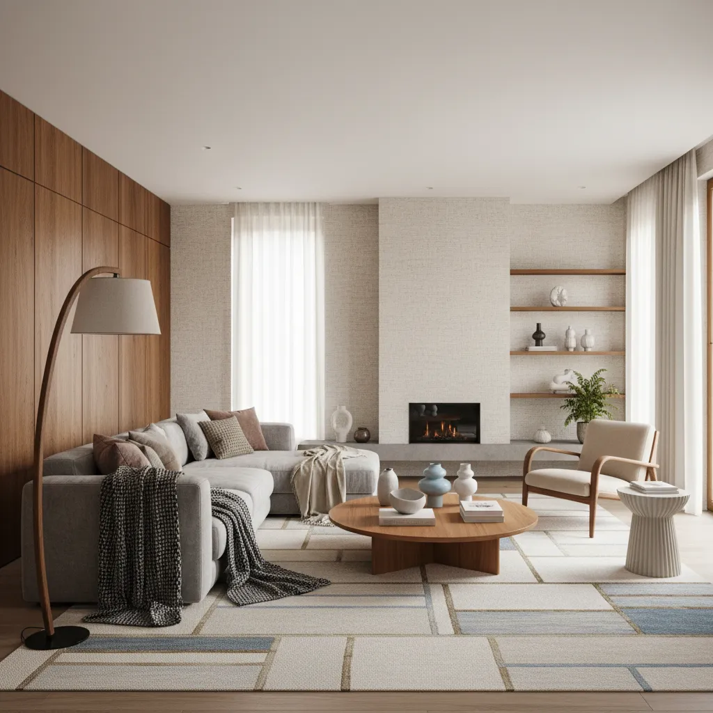 Interior moderno con mezcla de textiles, cerámica y madera