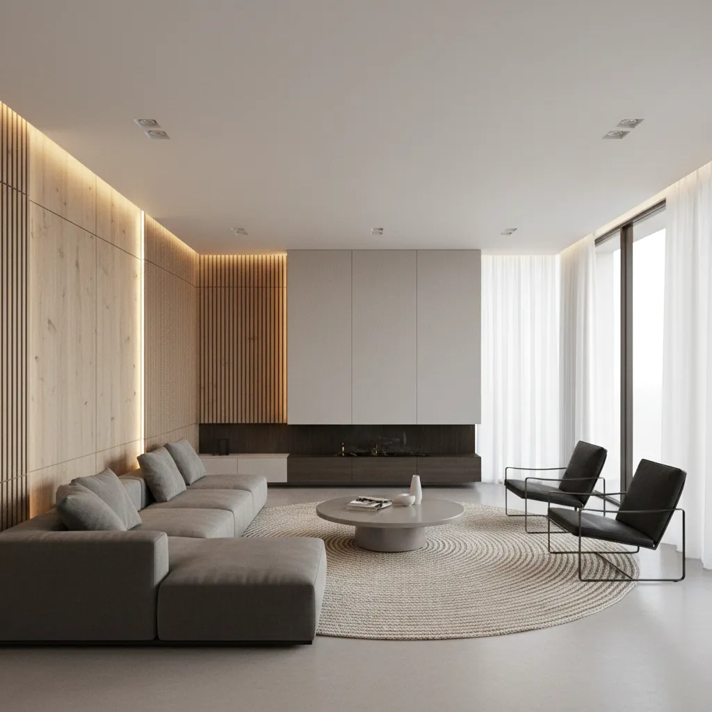Modern living room textured wall panels with integrated lighting
