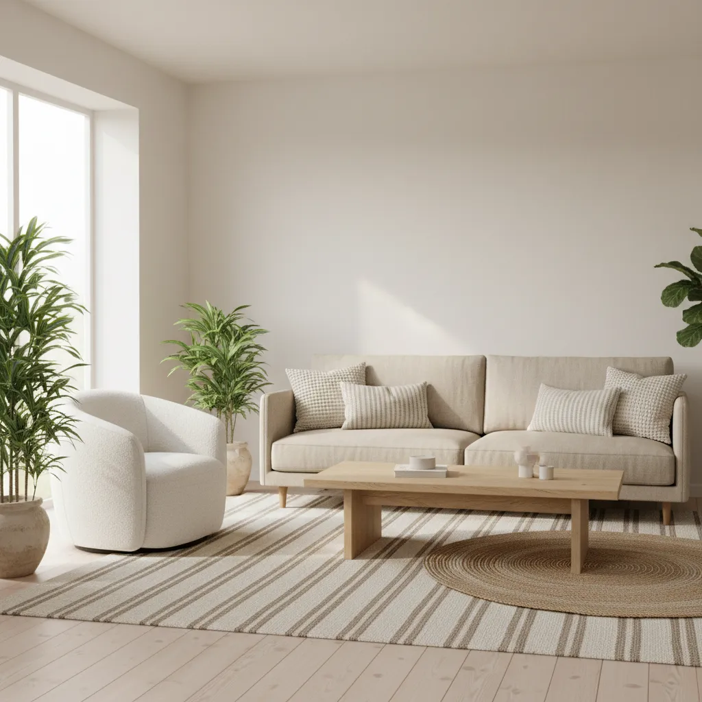 neutral room with textured materials including linen wood and boucle furniture