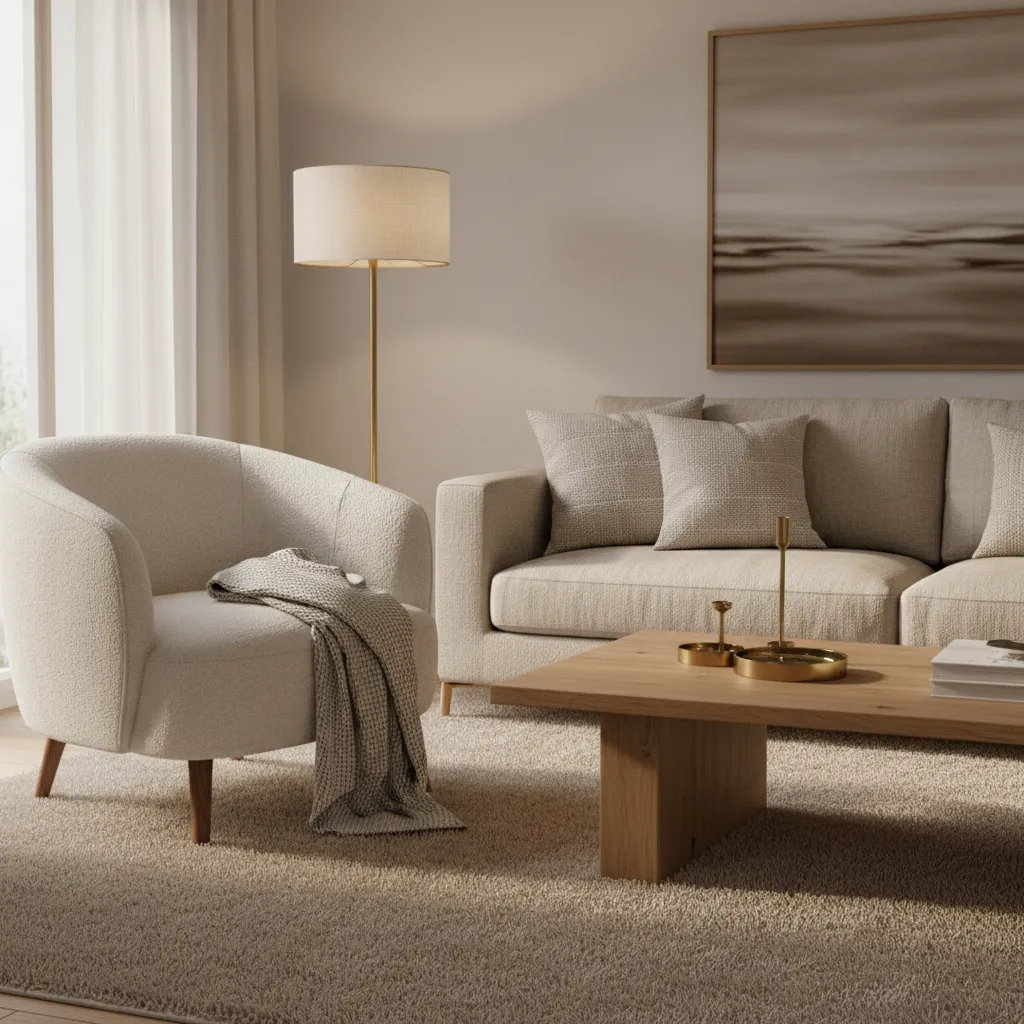 Neutral living room with beige carpet layered textures including pillows throws and wood