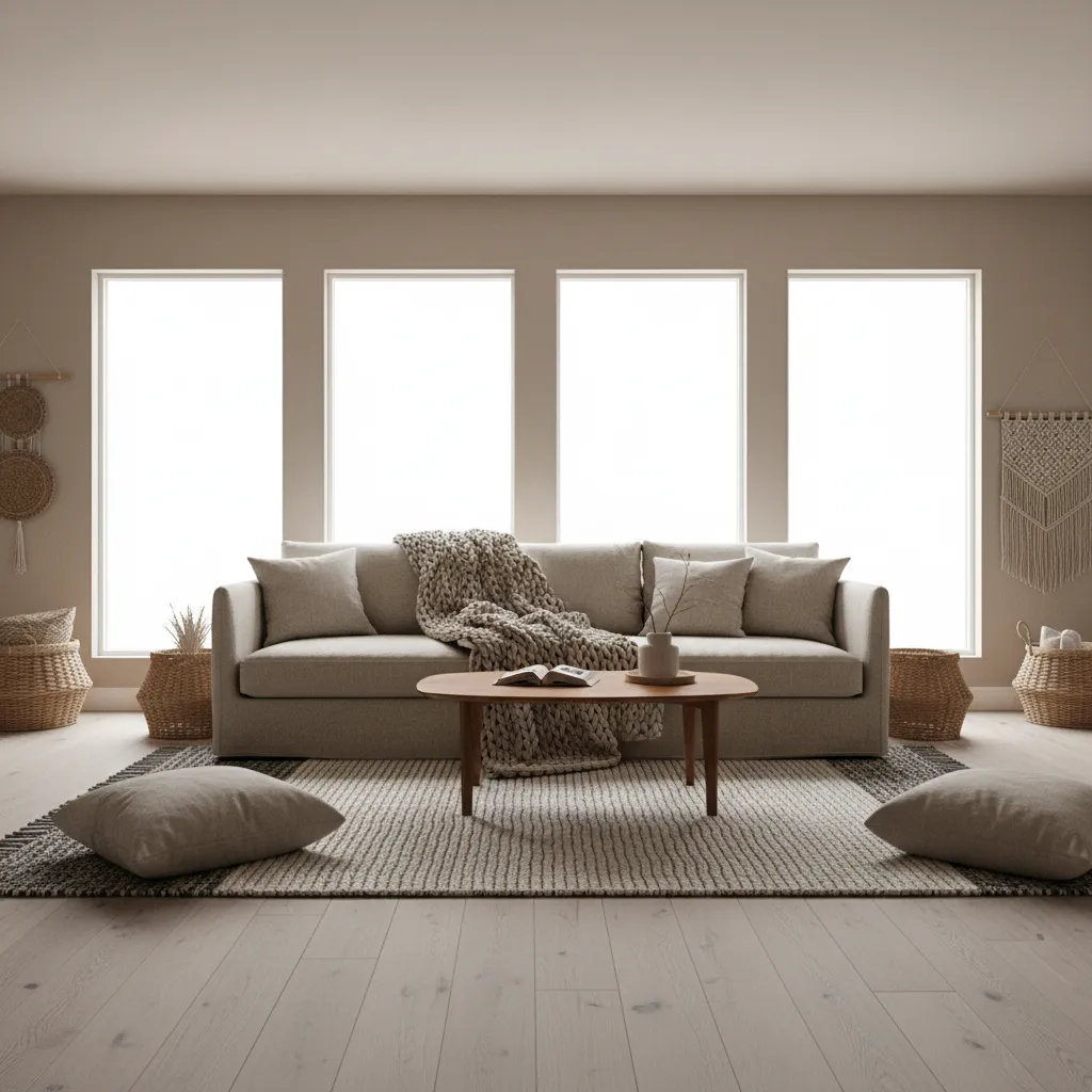 Neutral living room with grey floor featuring textured rug and layered fabrics