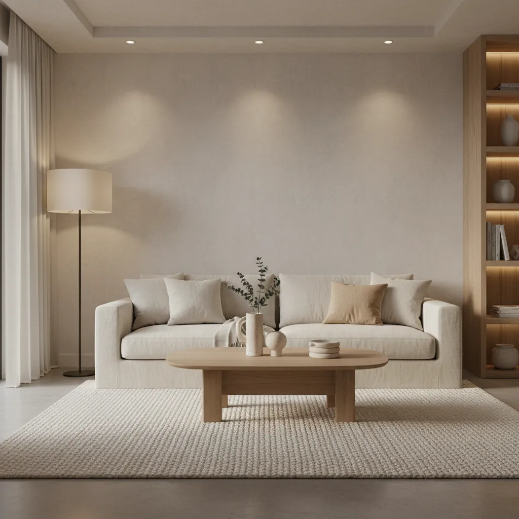 neutral living room with linen sofa wool rug wood table showing layered textures